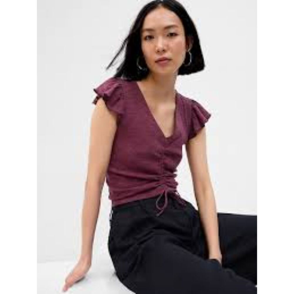 GAP Dry Rose Mauve V-Neck Ruched Tie-Front Flutter Sleeve Crop Top Size L